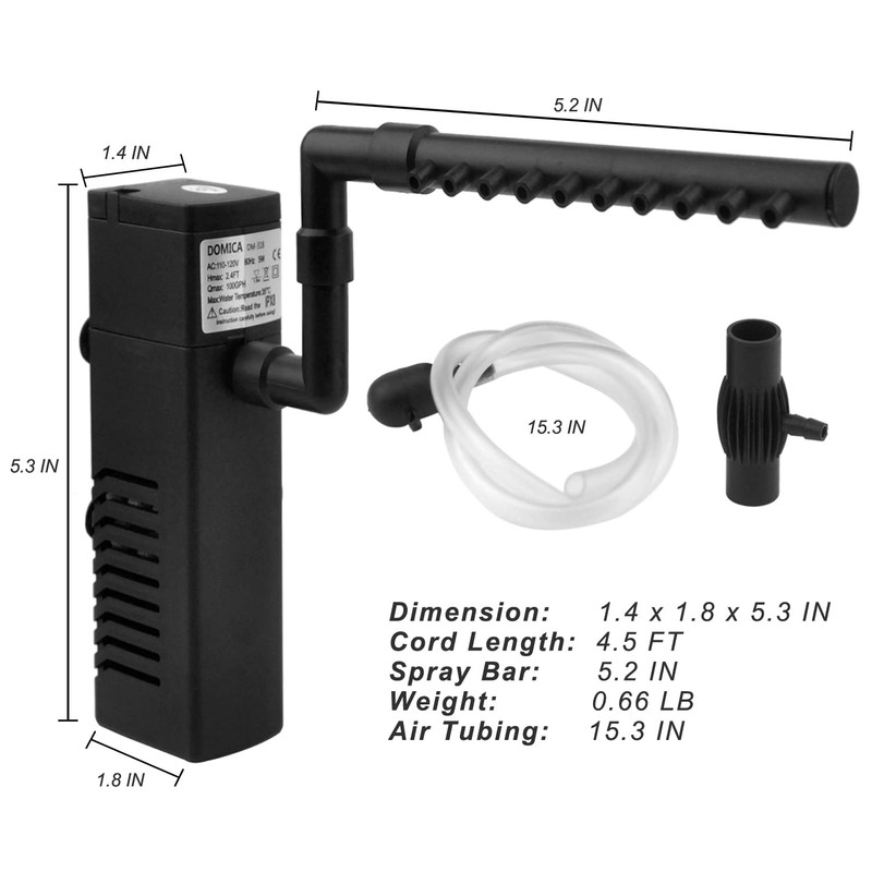 DOMICA Internal Aquarium Filter with Aeration System 100GPH 5W Power