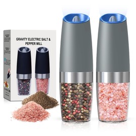 BELRIGO Battery Operated Salt And Pepper Grinder Set with LED Light, Automatic Electric Gravity Salt And Pepper Shakers Set, Each 6 AAA Batteries Needed, Adjustable Roughness, 2 Pack (LightGrey)