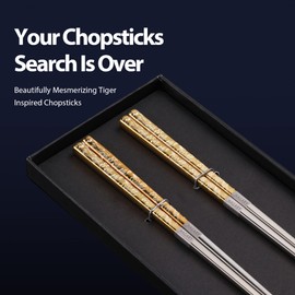Hagary Tiger Chopsticks Metal Chopsticks Reusable Designed In Korea Japanese Style Stainless Steel 316 18/10 Non-Slip Dishwasher Safe Laser Etched (Gold - 2 Pairs)