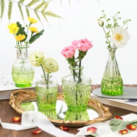 PURVONNIE Vintage Small Glass Vases Set of 10,Mini Bud Vases for Flowers,Amber Glass Vases for Centerpieces,Wedding Decorations,Home Table Flower Decor (Olive Green)