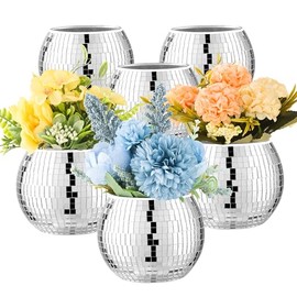 6 piezas de jarrón de bola de discoteca para centros de mesa, decoración de bola de discoteca, florero con espejo plateado para boda, cumpleaños, fiesta (3 x 4 pulgadas)