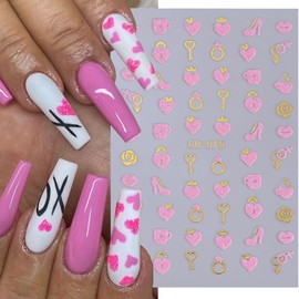 POWPOP Pink Gold Heart Nail Art Stickers 8PCS Waterproof Glossy Acrylic Decals for Women Manicure Decoration