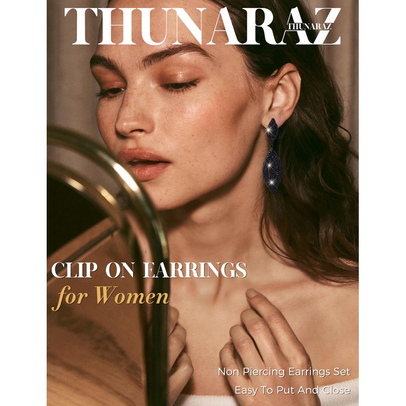 THUNARAZ Clip on Earrings for Women Glitter Rhinestone Crysta Black