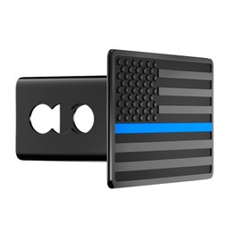 TOEASYTY Blue Line American Flag Metal Trailer Hitch Cover for 2" inch Receivers, Tow Hitch Cover for Trucks Cars SUV (Black with Blue Line)
