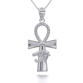 Textured 925 Sterling Silver Ankh Cross Eye of horus Faith Evil Eye Pendant Necklace, 18"