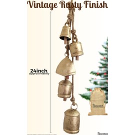 HIGHBIX Set of 5 Rustic Harmony Metal Jingle Bells Cluster Vintage Handmade Lucky Christmas Hanging Mix Décor Bells On Rope (Big)
