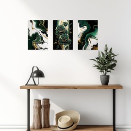 ZXHYWYM 3 Piece Emerald Green Wall Art Green White and Gold Pictures Wall Decor Abstract Marble Painting Floral Canvas Prints Modern Bathroom Home Artwork (A, (11"x14"x3))
