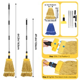 Commercial Mop, Looped-End String Industrial Mop, Heavy Duty Mops with 2 String Mop Heads for Floor Cleaning, Blue and Yellow