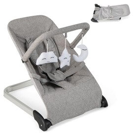 HONEY JOY Baby Bouncer, Portable Folding Infant Newborn Stationary Seat w/Vibrations, Removable Toy Bar, Safety Harness, Machine Washable Fabric, Bouncer Seat for Babies 0-6 Months up to 20 lbs (Gray)