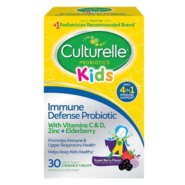 Culturelle Immune Defense Probiotic with Vitamin C, Vitamin D and Zinc + Elderberry, Non-GMO, 4-in-1 Immune Support for Kids Ages 3+*, Mixed Berry Chewables, 30 Count