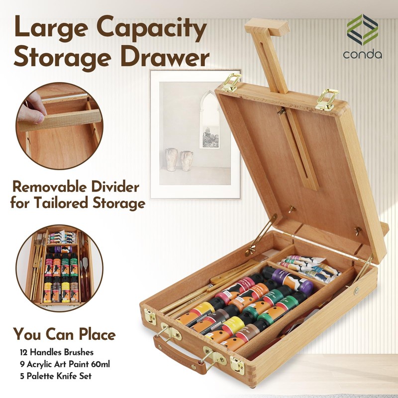 CONDA Premium Wooden Sketch Box Easel - Adjustable Tabletop Art
