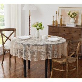 LinenZone Linen Round Tablecloth for Rustic Vintage Decor. Sheer Lace Tablecloth Works Great As Wedding Tablecloth, Thanksgiving Tablecloth or Christmas Tablecloth (Mia 36 Round, Linen)