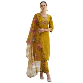 VredeVogel Women's Cotton Silk Embroidered Kurta with Pant & Organza Dupatta Set (Mustard_Large)