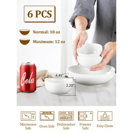 Yedio Small Bowls Set, White Ceramic Bowls of 6, 10 oz Porcelain Bowl for Kitchen Dessert Rice Side Dish Snack Soup Fruits Cereal Ice Cream, Microwave Dishwasher Freezer Oven Safe Easy Clean Stackable