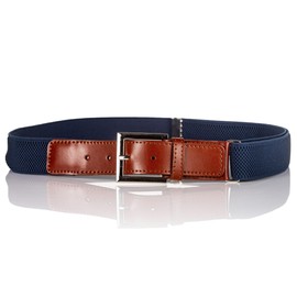 Junior/Childrens 5-15 Years Adjustable Elasticated Belt with Buckle/Brown Leather Fittings. Dark Blue