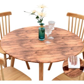 Rally Home Goods Indoor Outdoor Patio Round Fitted Vinyl Tablecloth, Flannel Backing, Elastic Edge, Waterproof Wipeable Plastic, Brown Barn Wood Grain Plank for 5-Seat Table 36-42’’ Diam