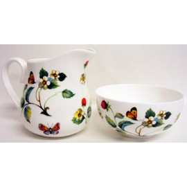 Strawberries & Butterflies Cream/Milk Jug and Sugar Bowl Fine Bone China Matching Set Hand Decorated UK