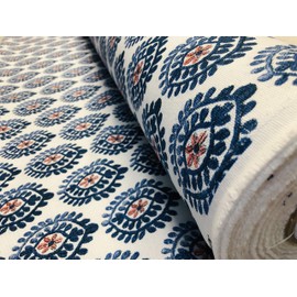 Floral Aztec Spanish Geometric Diamond Flower Tile Fabric Cotton Panama Curtain Upholstery Material - 140cm Wide - Blue & Red (Sold by The metre)