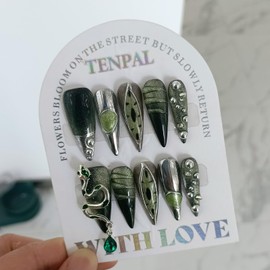 TENPAL Long Stiletto Press on Nails,Gothic Punk Green Cat Eye Nails Glow&3D Snake with Gem,Black Silver Metallic Fake Nails Kits,10pcs S Sizes Soft Gel False Nails with Steel Bead for Party Gifts(S)