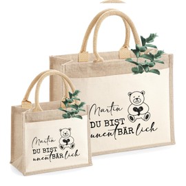 AMBERGER DESIGN by A&M Osterhage amd Jute-Tasche personalisiert Du bist einfach unentBÄRlich Brotzeittasche Papas Männer Wunschname | Nachhaltiger Jutebeutel