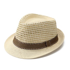 Straw Fedora Hat for Men Teens Summer Breathable Mesh Trilby Sun Hat Short Brim Panama Derby Hats Lightweight Beach Cap (US, Alpha, One Size, Beige)