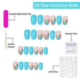 Blue Press on Nails Short Oval SWEKKE Flower French Tip Fake Nails False Nails with Rose Designs Full Cover Glossy Glue on Nails Summer Acrylic Nails for Women Girls 24Pcs