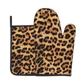 Brown Leopard Print Oven Mitts Pot Holders Set of 2, Kitchen Heat Resistant Hot Pads for Women Men Cooking BBQ Baking