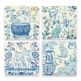 Blue White Coasters Chinoiserie Cat Coasters for Drinks Blue Vintage Kittens Ceramic Coasters with Cork Base for Cat Lovers Housewarming Birthday Gifts Set of 4
