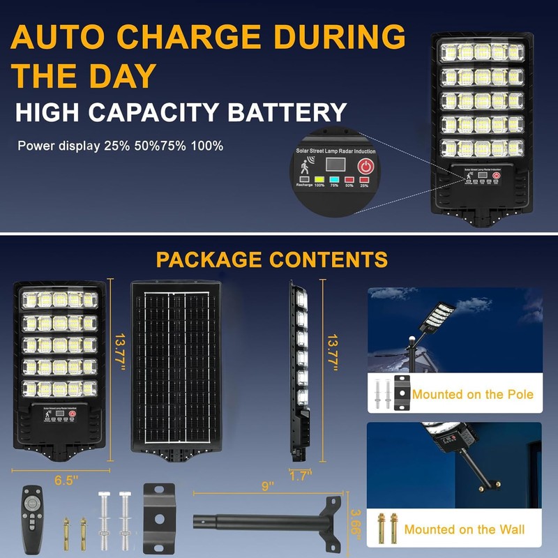 4-Pack Solar Street Lights, 30000lm Outdoor Flood Light with Dual