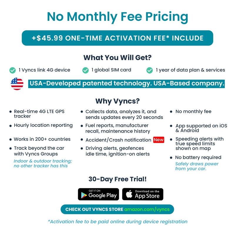 Vyncs - GPS Tracker for Vehicles, [No Monthly Fee], 4G