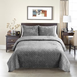 Fredsure Distressed Velvet Quilt Set, 3 Pieces Grey King, Distressed Velvet Face and Brushed Microfiber Reverse with Geometry Embroidery Quilting