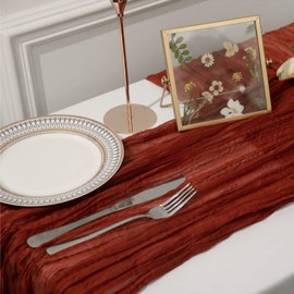 10Ft Boho Gauze Table Runner - 35x120 Inch Rustic Cheese Cloth Long Runner for Wedding, Bridal Shower, Birthday Party Decor (Terracotta)