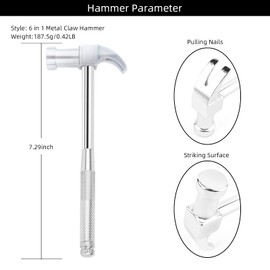 6 in 1 Hammer & Screwdriver Tool Multitool Set Claw Hammer with Anti-Slip Grip Handle Slotted/Flat Head Phillips Screwdriver Nail Puller Best Gift for Family Friends Colleagues (Silver)