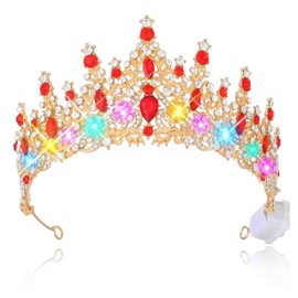 Kilshye Light Up Wedding Crown Red Rhinestone Tiara Sparkly Prom Headband for Women