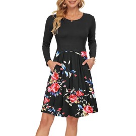 Auselily Women’s Dress with Knee-Length Pockets, Long-Sleeved, Pleated, Loose, Swing, Casual Dress
