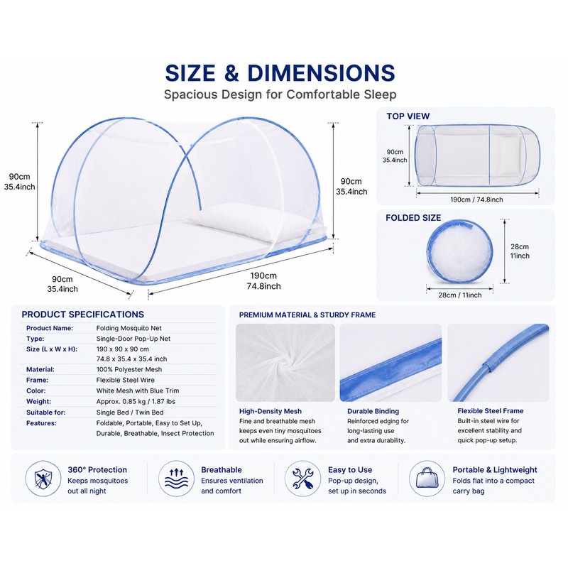 Single Bed Mosquito Net for Bed Summer - 100% Polyester