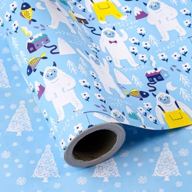 RUSPEPA Reversible Christmas Wrapping Paper - Mini Roll - 43.2cm x 10m - Winter Snow Monster and Christmas Tree Wrapping Paper for Xmas, Party Celebration