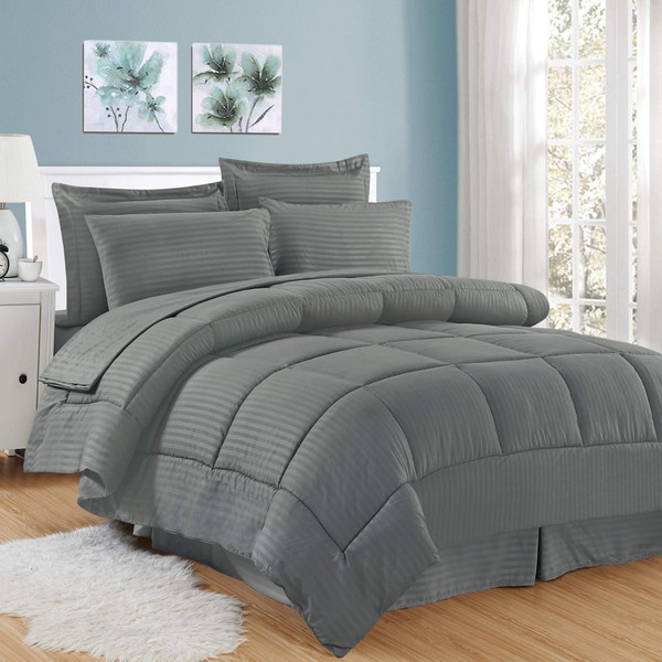 Sweet Home Collection 8 Piece Bed In A Bag with Dobby Stripe Comforter, Sheet Set, Bed Skirt, and Sham Set - King - Gray