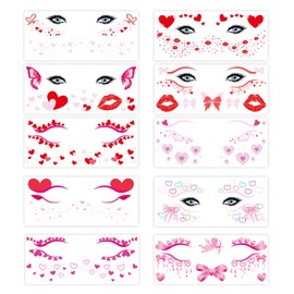 10 Sheet Valentines Day Face Temporary Tattoo Love Heart Tattoos Lips Waterproof Fake Blusher Tattoo Stickers for Lover Party Decorations Girls Women Favor Party Supplies