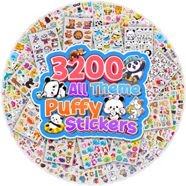 3200+ 3D Puffy Stickers in 64 Sheets, Stickers Including Animals, Letters, Numbers, Dinosaurs, Cars and More for Teacher Supplies, Crafts, Gifts,Classroom Reward Sticker for Kids Toddles 3-12 Years.