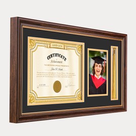 euwazram 11x22 Walnut Finish Solid Wood Diploma Frame – Holds 8.5x11 Certificate with Tassel and 5x7 Photo Holder, Black with Gold Mat, Graduation Gift for Him or Her