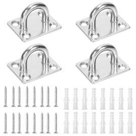Swpeet 4pcs M8 304 Stainless Steel Silver Square Pad Eye Plate Hooks with Screws and Plastic Anchor Assortment Kit, Marine Hardware Hooks Ceiling U Hook Handle Ring Hook for Securing Hanging