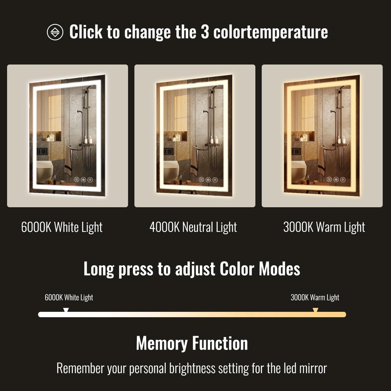 Easly 24x32 Inch LED Bathroom Mirror with Anti-Fog & Memory