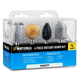 Kutzall 4-Piece Rotary Burr Kit - 1⁄4" Shaft, Variety Grit - Woodworking Attachment for Bosch, DeWalt, Makita, Milwaukee Tools - Structured Tungsten Carbide (14VKIT01)