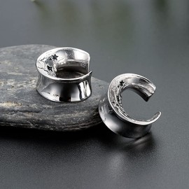 Cooear 1 pair of moon style ear tunnels, flesh plugs, piercing earrings, stainless steel, skull earphones, 10 mm to 25 mm., Metal, Sandstone,