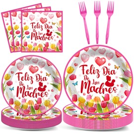 96Pcs Feliz Dia De Las Madres Party Supplies Happy Mother’s Day Party Paper Plates and Napkins Mother’s Day Dinner Dessert Tableware Set for Tulip Party Decorations Pink Disposable Dinnerware Serve 24