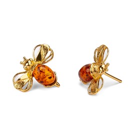 HENRYKA Silver & Honey Amber Bumble-Bee Studs | 925 Sterling Silver & 24ct Gold Plate Honey Bee Gemstone Earrings | Cute Fashion Accessory & Jewellery Gift for Her & Women