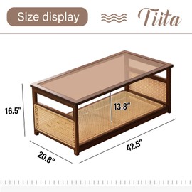Tiita Coffee Tables for Living Room，Mid Century Modern Storage 2-Tier Coffee Tables，Rattan Glass RectangleTables，Suitable for Living Room Apartment，Brown