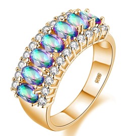 Uloveido Gold Plated Wedding Engagement Band with 7 Pcs Oval Cut Rainbow Cubic Zirconia Stones Gifts for Her(Size Q, Rainbow) J501