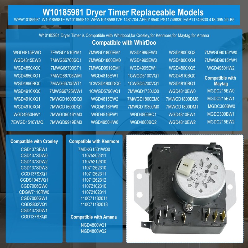 W10185981 Dryer Timer, WPW10185981 Dryer Timer Compatible with Whirlpool, Maytag,